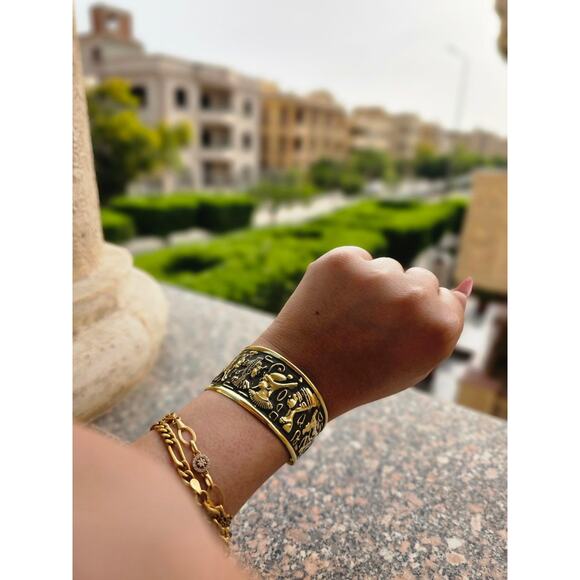 All Power Egyptian Bangle–Handmade Brass Cuff with Nefertiti, Cleopatra & Lotus - Picture 1 of 4